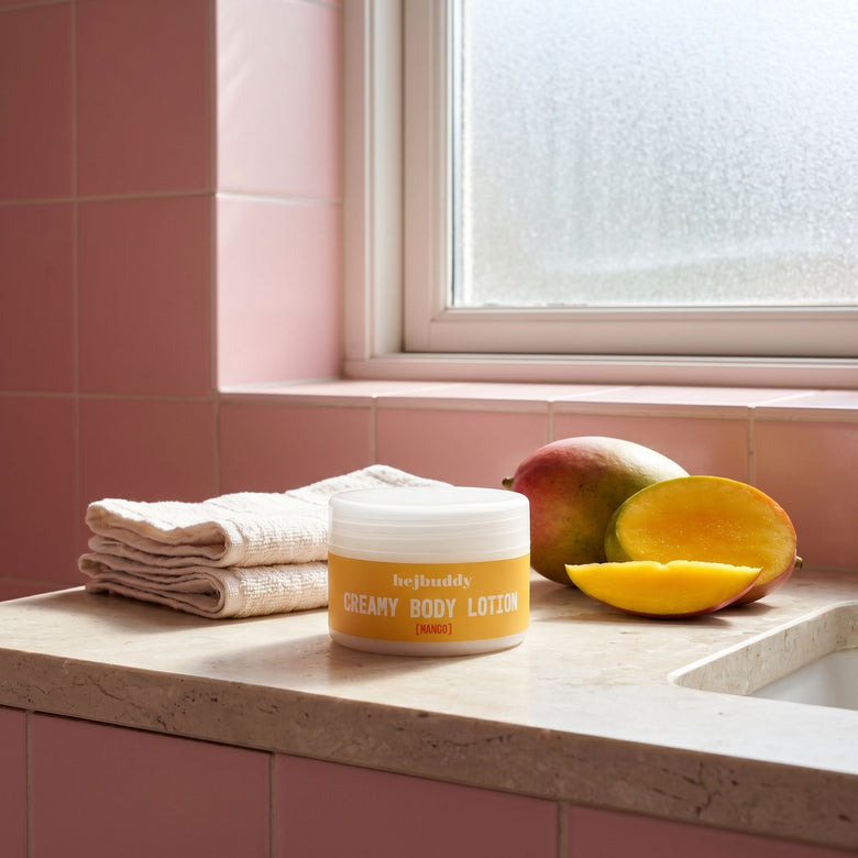 Full-body scene with mango body lotion in a pink bathroom, on a stone countertop with towels and tropical mango fruits.