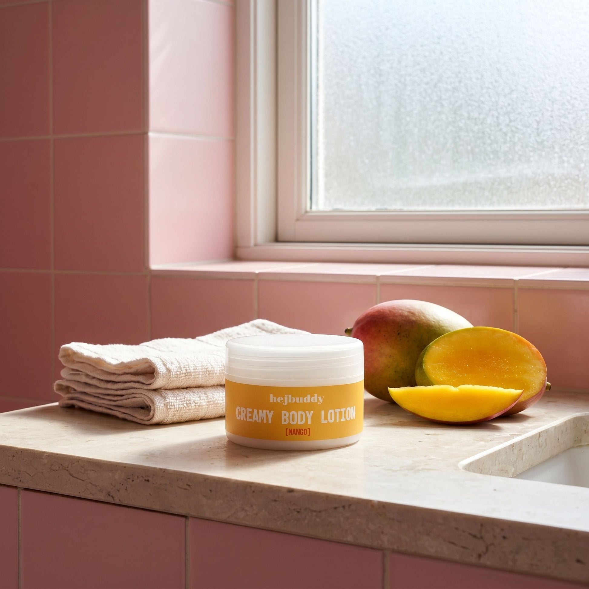 Full-body scene with mango body lotion in a pink bathroom, on a stone countertop with towels and tropical mango fruits.