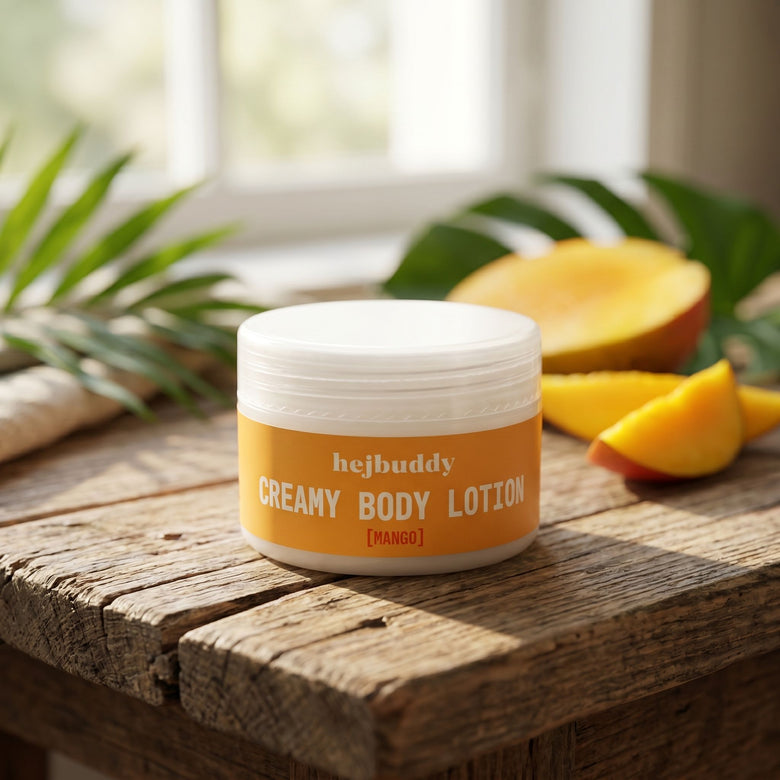 Creamy mango-scented body lotion in a jar placed on a rustic wooden table, surrounded by mango slices and tropical leaves.
