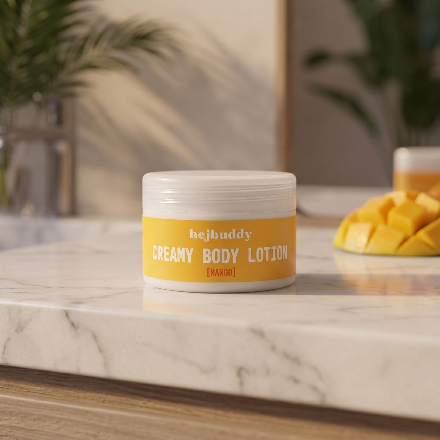 Elegant body lotion in a modern bathroom on a marble counter, with mango and tropical foliage reflections.