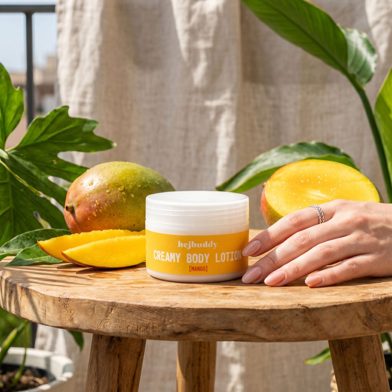 Lotion jar on a balcony with lush greenery and mangoes, sunlight highlighting the creamy texture of the bottle.